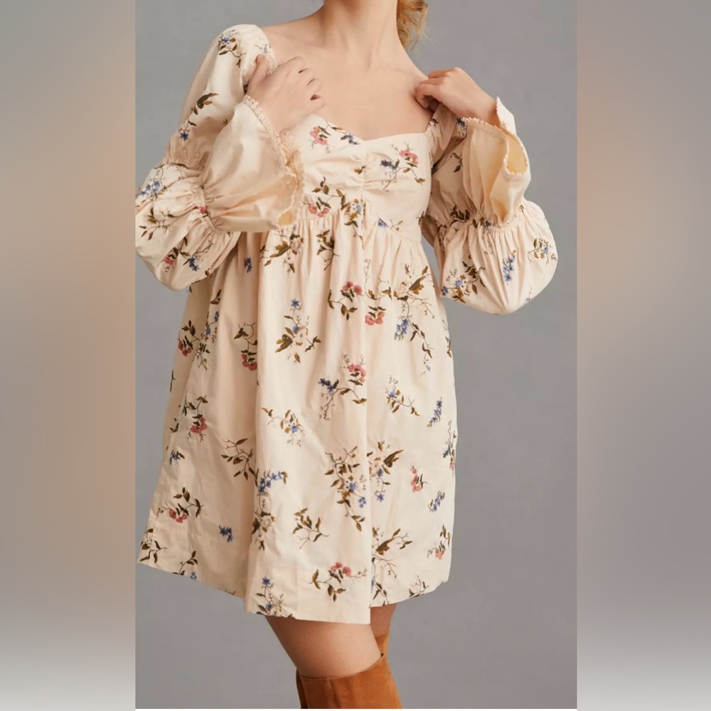 ANTHROPOLOGIE Long Sleeve Embroidered Floral Mini Dress Women’s Size XXS
